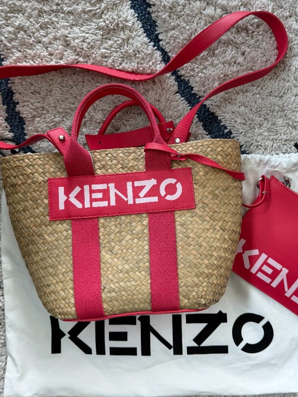 KENZO Logo Raffia Tote Bag Beige Pink Shoulder Bag